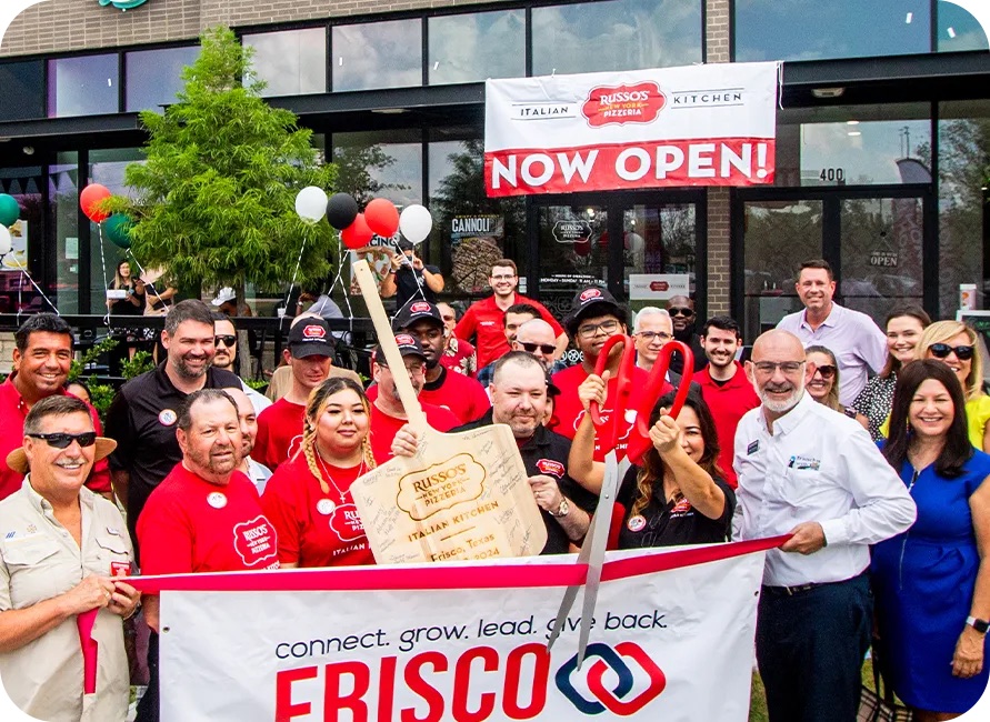 Russo's New York Pizzeria franchise grand opening outside the restaurant